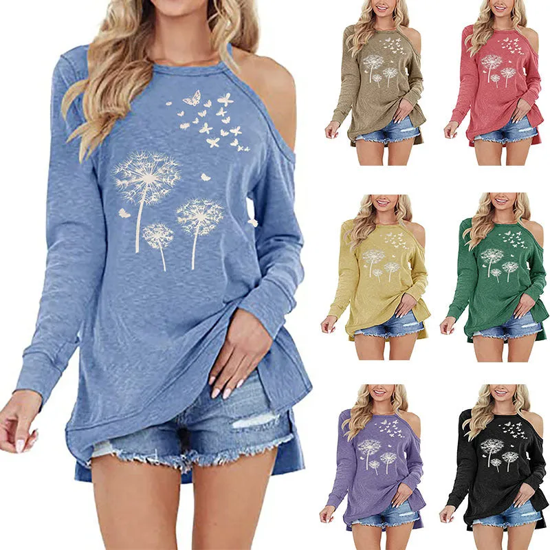 Long sleeve slack shoulder dandelion print round neck pullover T-shirt sweatshirt