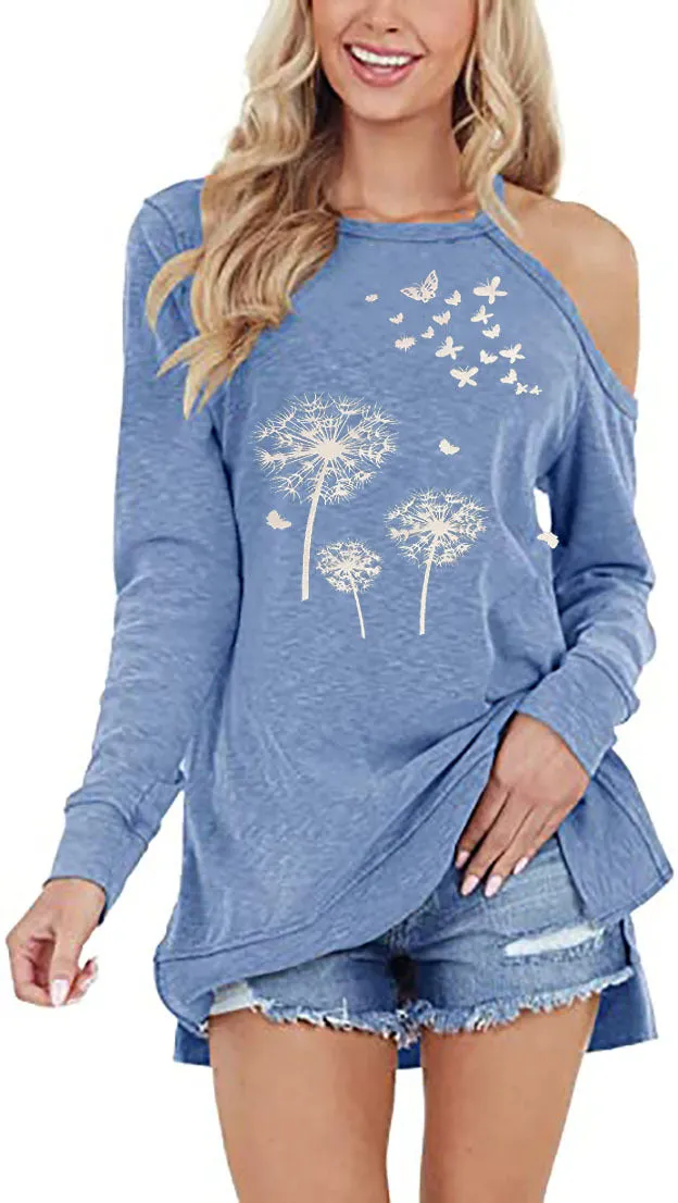 Long sleeve slack shoulder dandelion print round neck pullover T-shirt sweatshirt