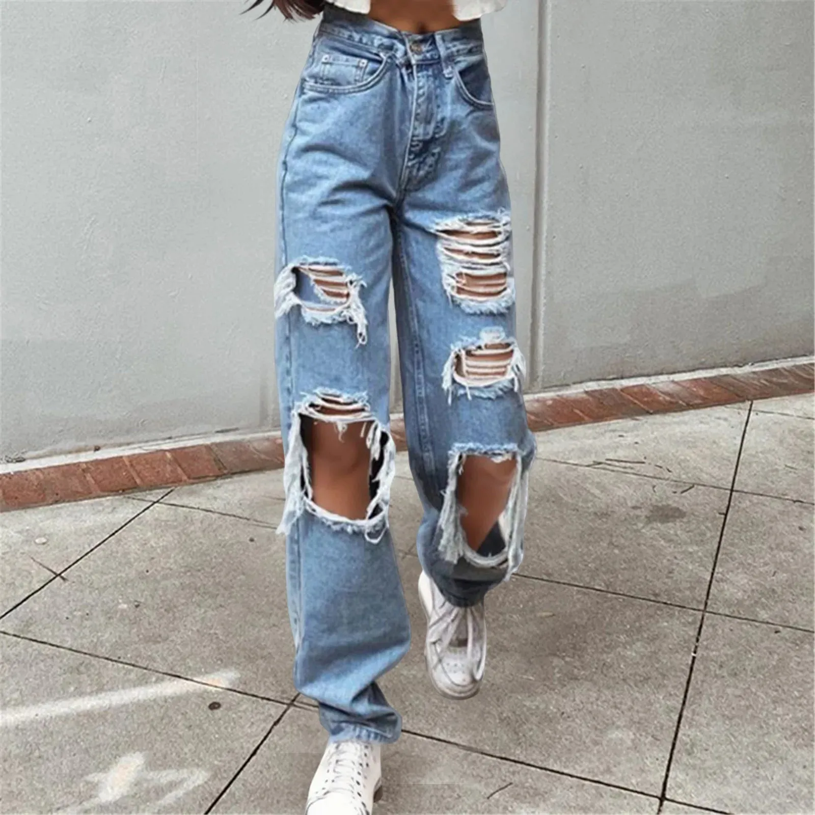 LVSANW Baggy Jeans For Women Streetwear Holes Ripped Jeans Korean Fashion Straight Leg Trousers High Waist Washed Denim Pants джинсы