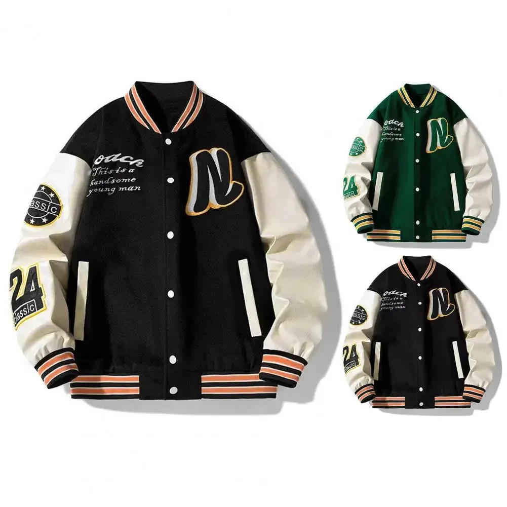 Men Baseball Jacket Striped Letter Pattern Stand Collar Loose Coat Thick Long Sleeve Single-breasted Mid Length Male Coat