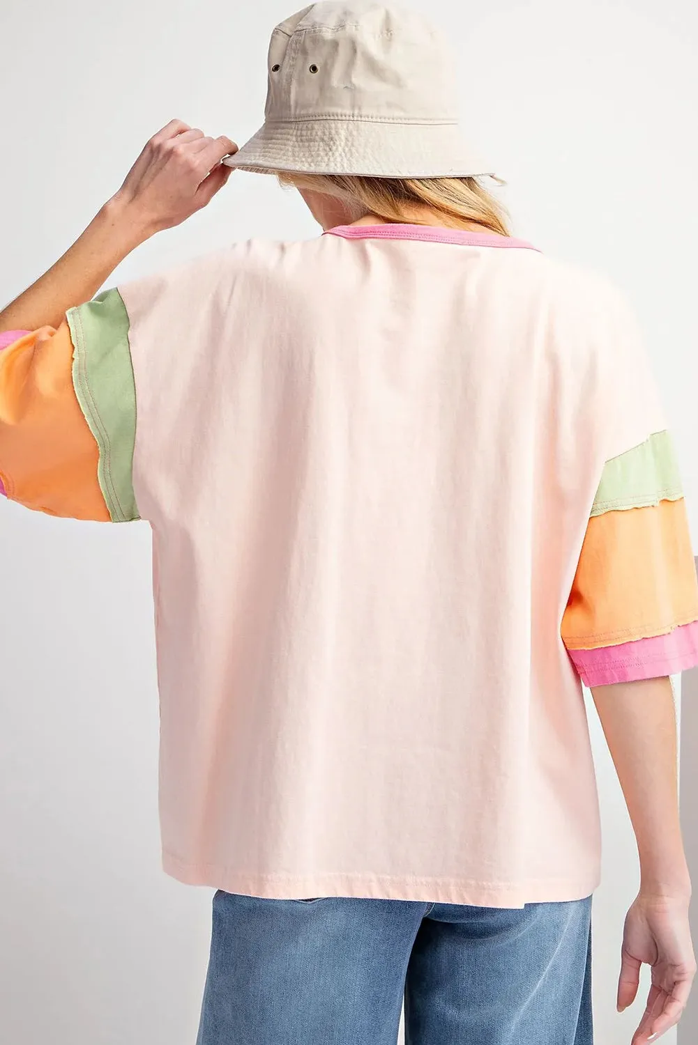 Pink Color Block Sleeve Round Neck Oversize Top