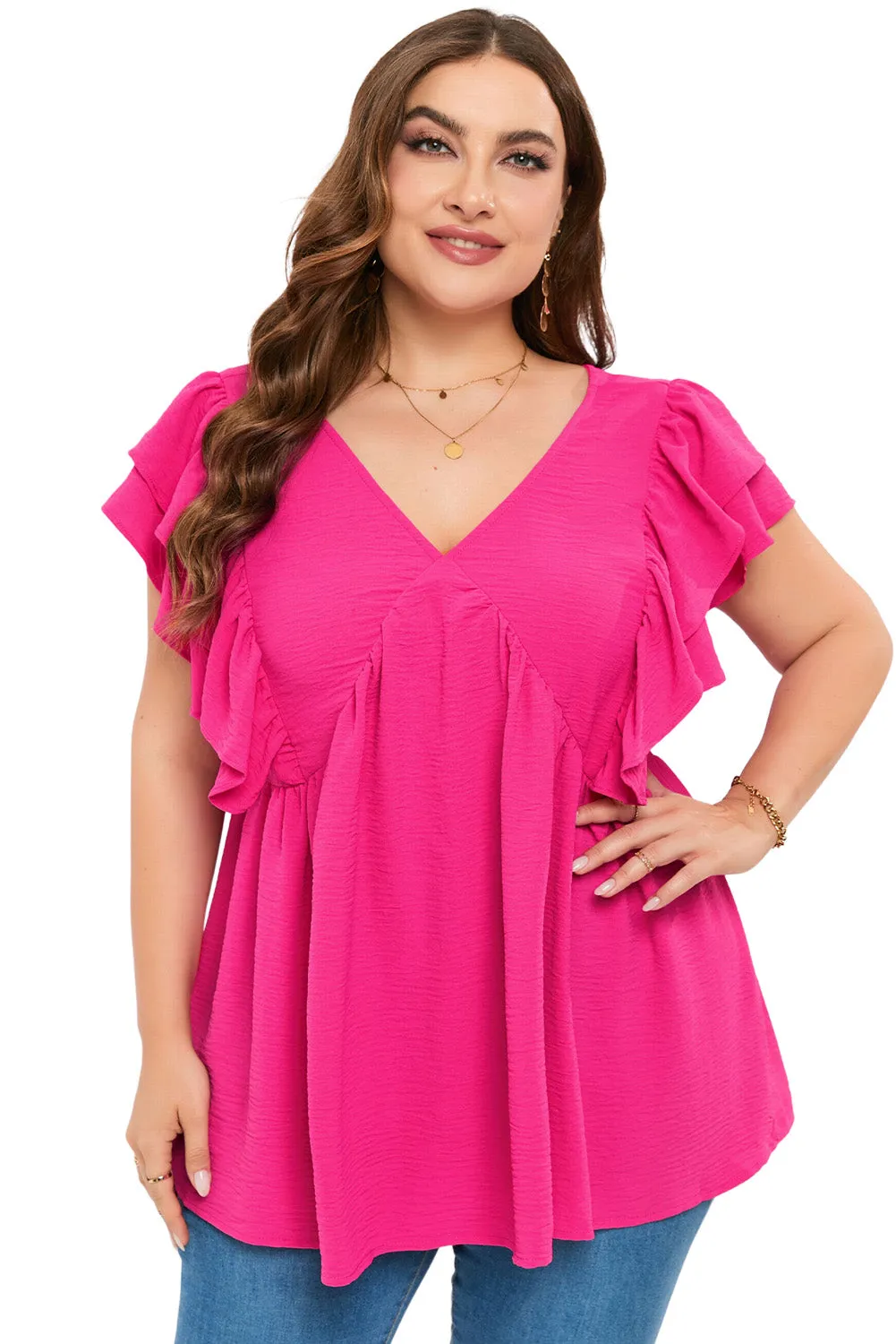 Pink Crinkle V Neck Tie Back Ruffle Plus Size Top