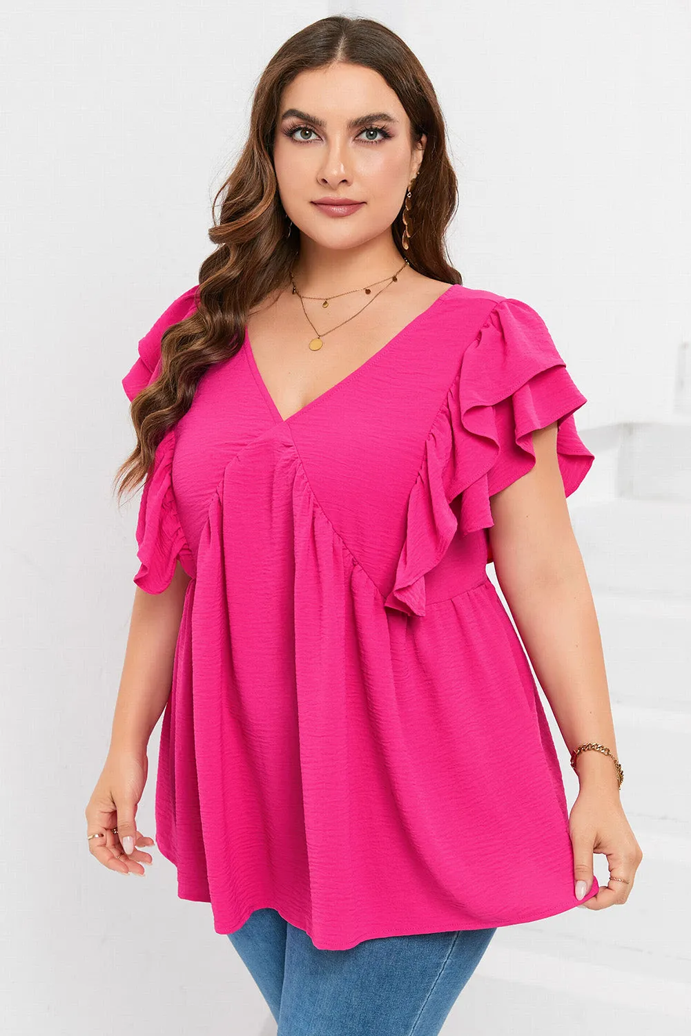 Pink Crinkle V Neck Tie Back Ruffle Plus Size Top