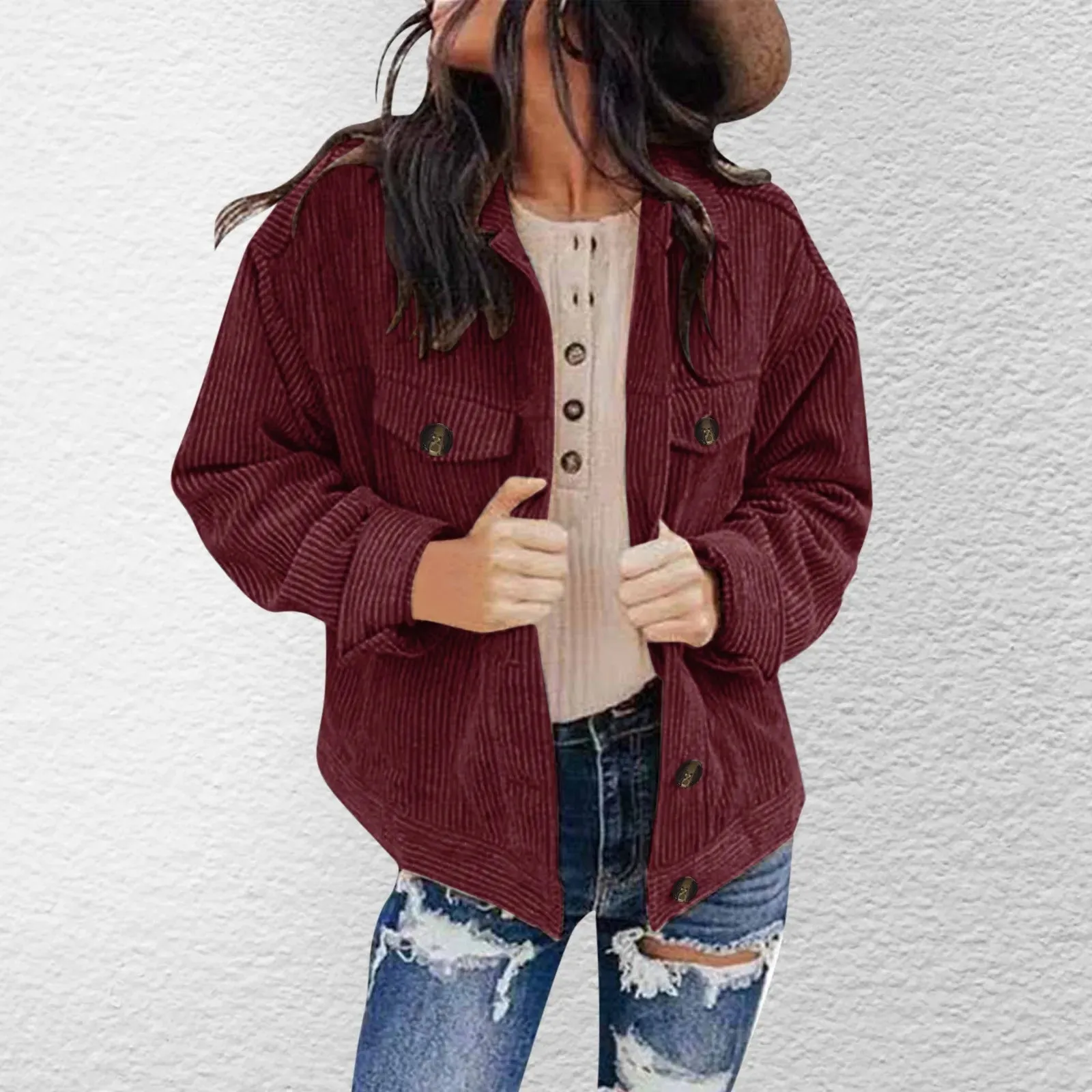 Plus Size Solid Button Loose Chic Stylish Elegant Fashionable Versatile Lapel Pocket Corduroy Winter Coat