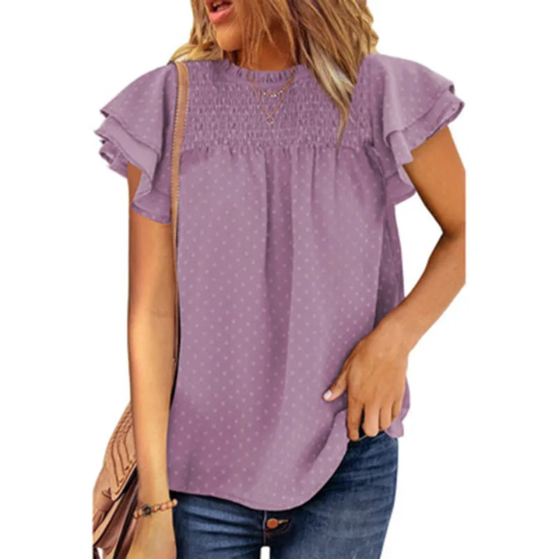 Pure color chiffon shirt loose round neck pullover short sleeve top t-shirt