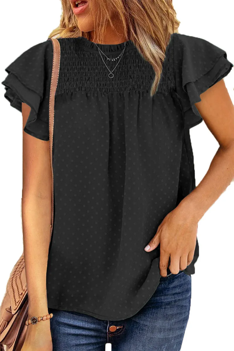 Pure color chiffon shirt loose round neck pullover short sleeve top t-shirt