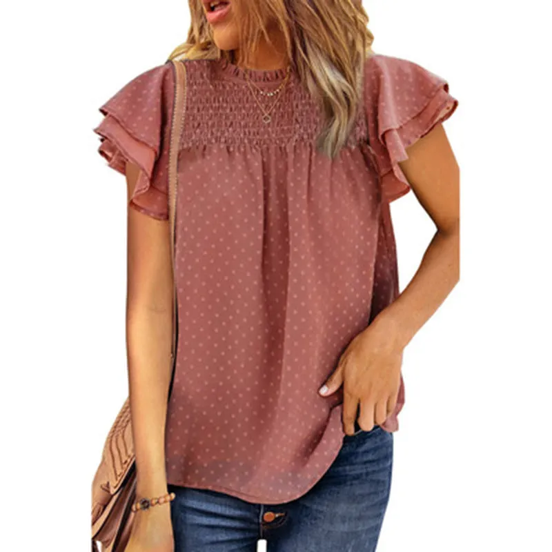 Pure color chiffon shirt loose round neck pullover short sleeve top t-shirt