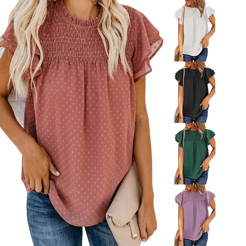 Pure color chiffon shirt loose round neck pullover short sleeve top t-shirt