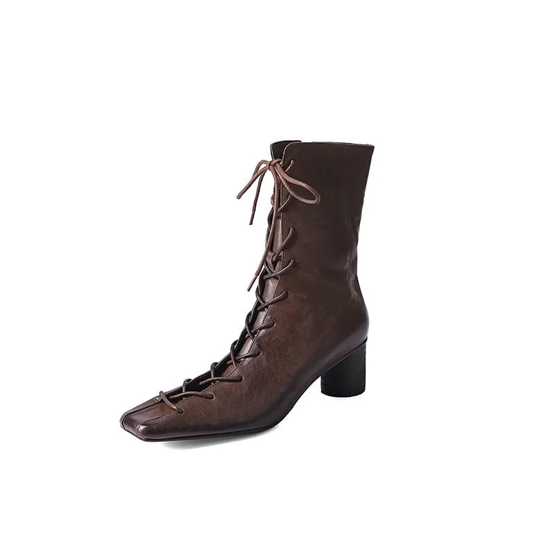 Retro Handmade Leather Square Toe Block Heel Lace-up Boots in Black/Brown