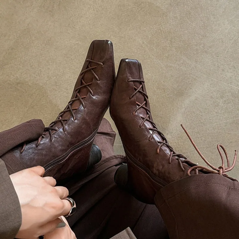 Retro Handmade Leather Square Toe Block Heel Lace-up Boots in Black/Brown