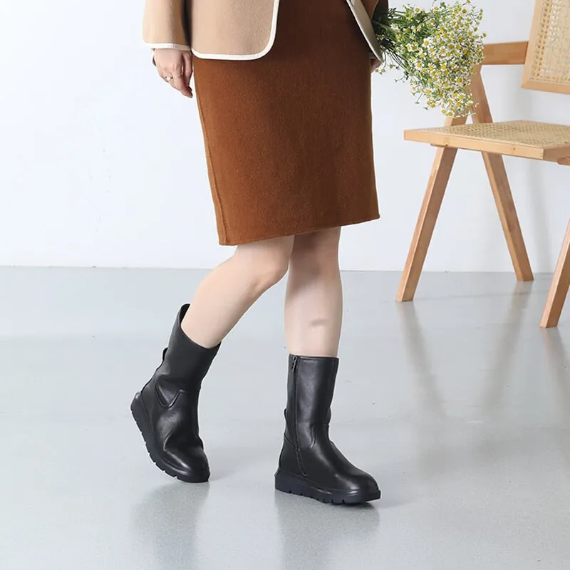 Retro Leather Mid Calf Boots for Cold Winter Classic Boots Black Handmade Short Plush Lining