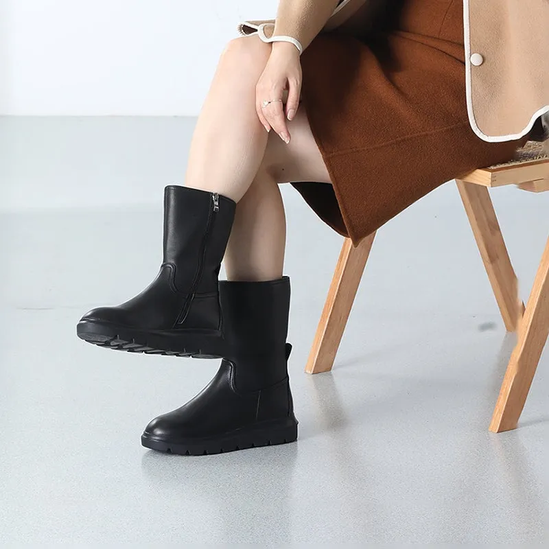 Retro Leather Mid Calf Boots for Cold Winter Classic Boots Black Handmade Short Plush Lining