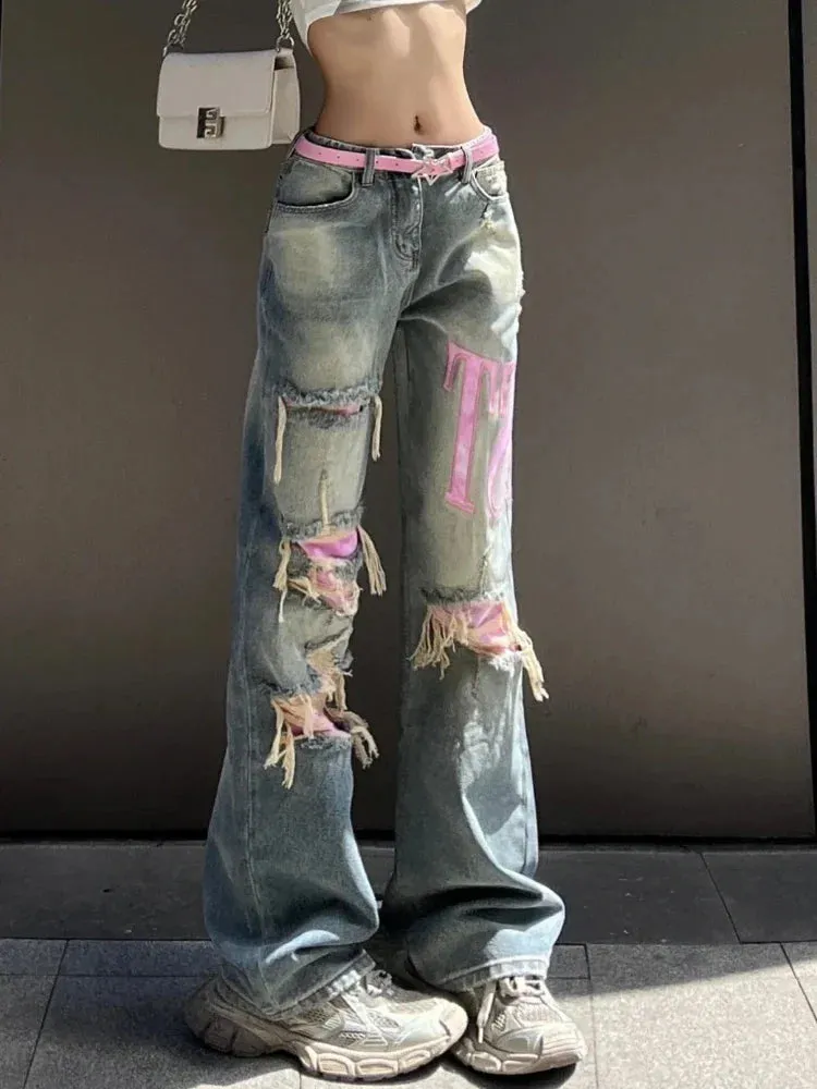 Ripped Jeans Women Baggy Vintage Wide Leg Straight Denim Pants