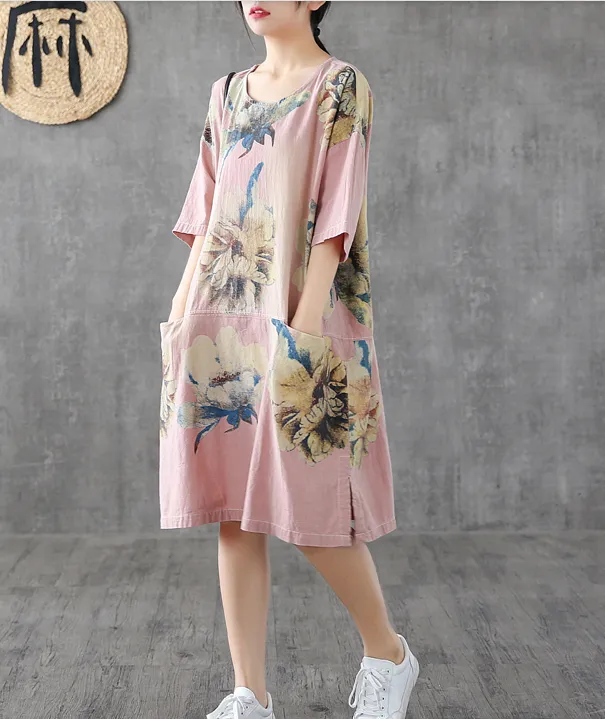 Side Slit Floral Short Sleeve Print Floral Summer Spring Cotton Linen Women Dresses DZA20664