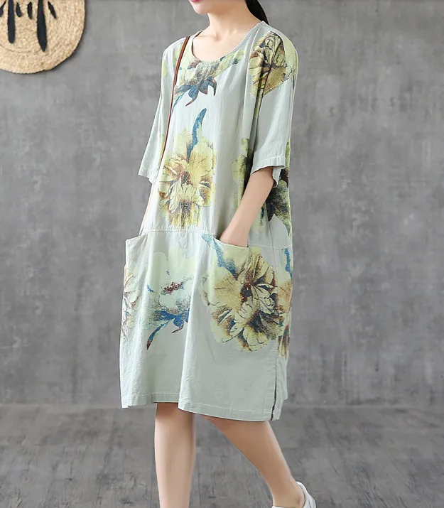 Side Slit Floral Short Sleeve Print Floral Summer Spring Cotton Linen Women Dresses DZA20664