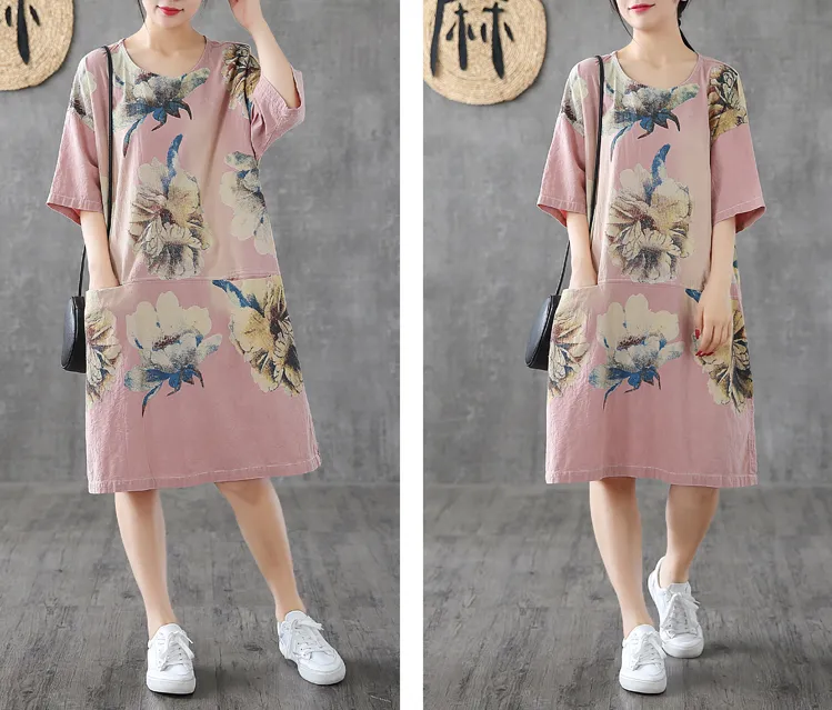 Side Slit Floral Short Sleeve Print Floral Summer Spring Cotton Linen Women Dresses DZA20664