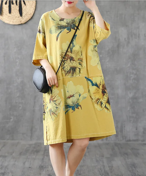 Side Slit Floral Short Sleeve Print Floral Summer Spring Cotton Linen Women Dresses DZA20664