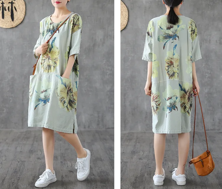 Side Slit Floral Short Sleeve Print Floral Summer Spring Cotton Linen Women Dresses DZA20664