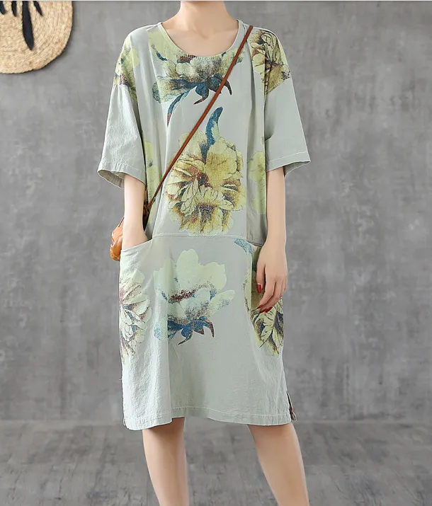 Side Slit Floral Short Sleeve Print Floral Summer Spring Cotton Linen Women Dresses DZA20664