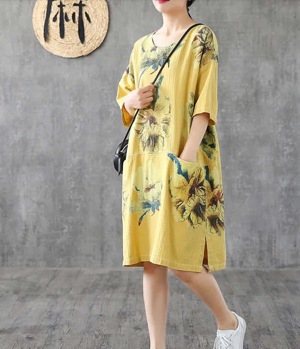 Side Slit Floral Short Sleeve Print Floral Summer Spring Cotton Linen Women Dresses DZA20664