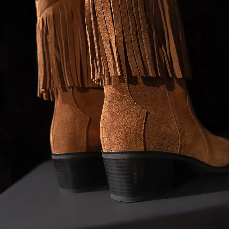 Western Point-Toe Cowgirl Boots With Tassels Handmade Suede Mid Calf Boots in Black/Brown