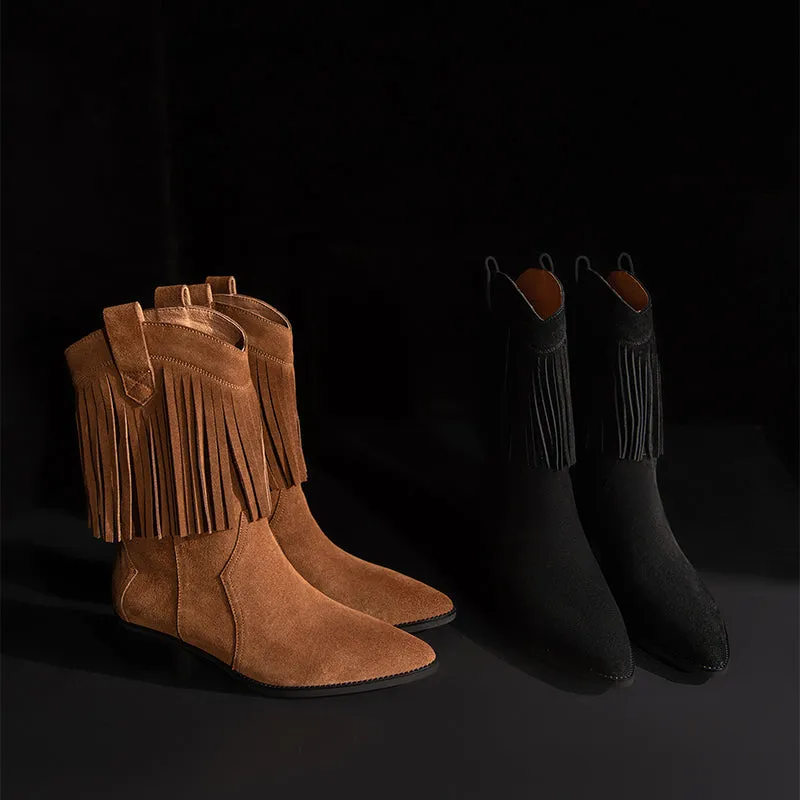 Western Point-Toe Cowgirl Boots With Tassels Handmade Suede Mid Calf Boots in Black/Brown