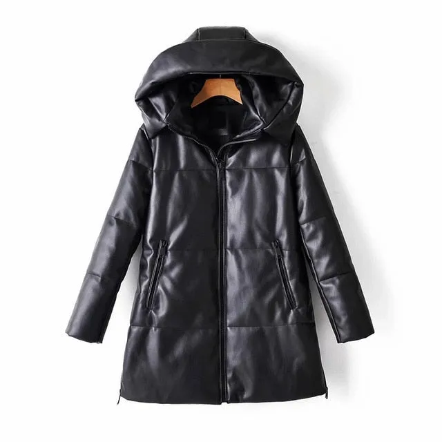 Wixra Solid PU Waterproof Leather Cotton Jacket Hooded for Women