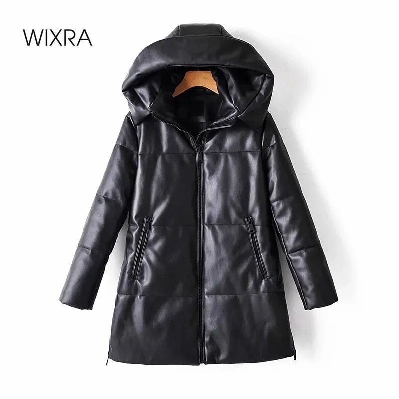 Wixra Solid PU Waterproof Leather Cotton Jacket Hooded for Women