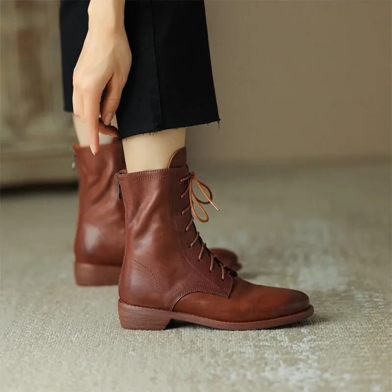 Women Ankle Boots Genuine Leather Lace-Up Round Toe Top Winter Ladies shoes