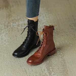 Women Ankle Boots Genuine Leather Lace-Up Round Toe Top Winter Ladies shoes