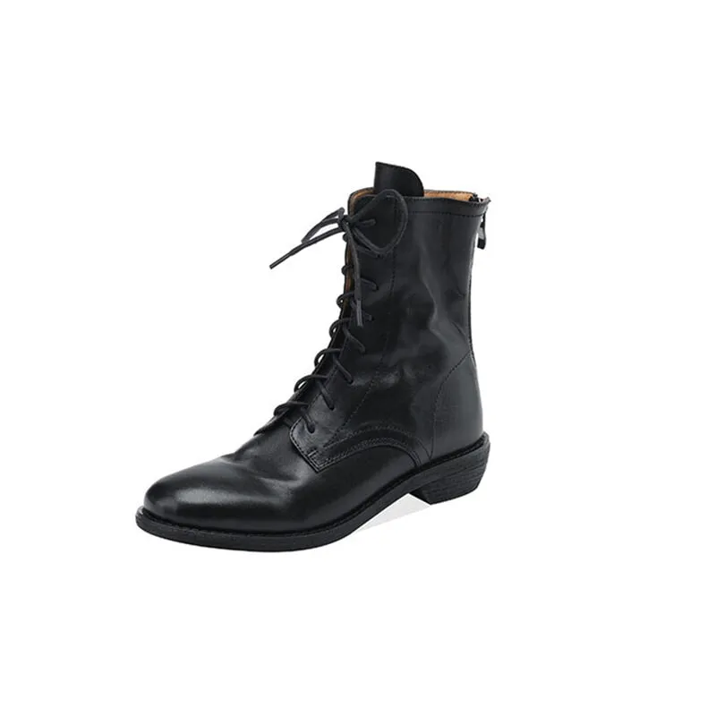 Women Ankle Boots Genuine Leather Lace-Up Round Toe Top Winter Ladies shoes