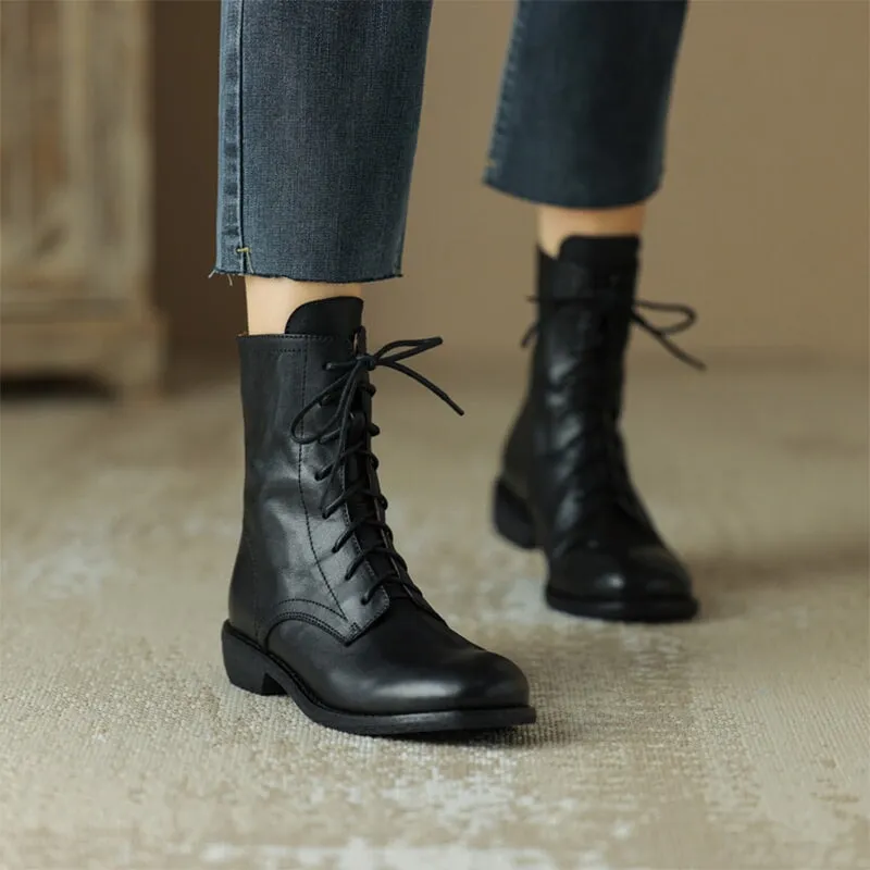 Women Ankle Boots Genuine Leather Lace-Up Round Toe Top Winter Ladies shoes