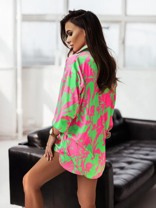 Women's Bright Printed Long Sleeve Notch Collar Top And Short Set