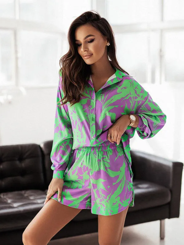 Women's Bright Printed Long Sleeve Notch Collar Top And Short Set