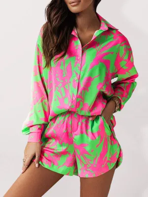 Women's Bright Printed Long Sleeve Notch Collar Top And Short Set