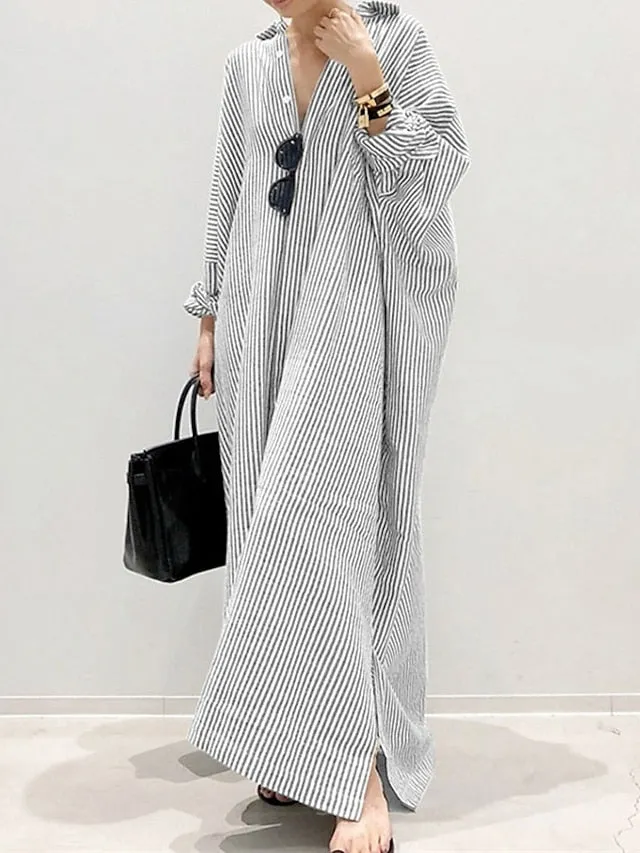 Women's Casual Dress Cotton Dress Shift Dress Maxi long Dress Cotton Basic Casual Outdoor Winter Dress Daily Shirt Collar Button Split Long Sleeve Summer Winter Fall Spring 2023 Black White Blue