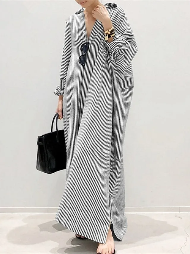 Women's Casual Dress Cotton Dress Shift Dress Maxi long Dress Cotton Basic Casual Outdoor Winter Dress Daily Shirt Collar Button Split Long Sleeve Summer Winter Fall Spring 2023 Black White Blue