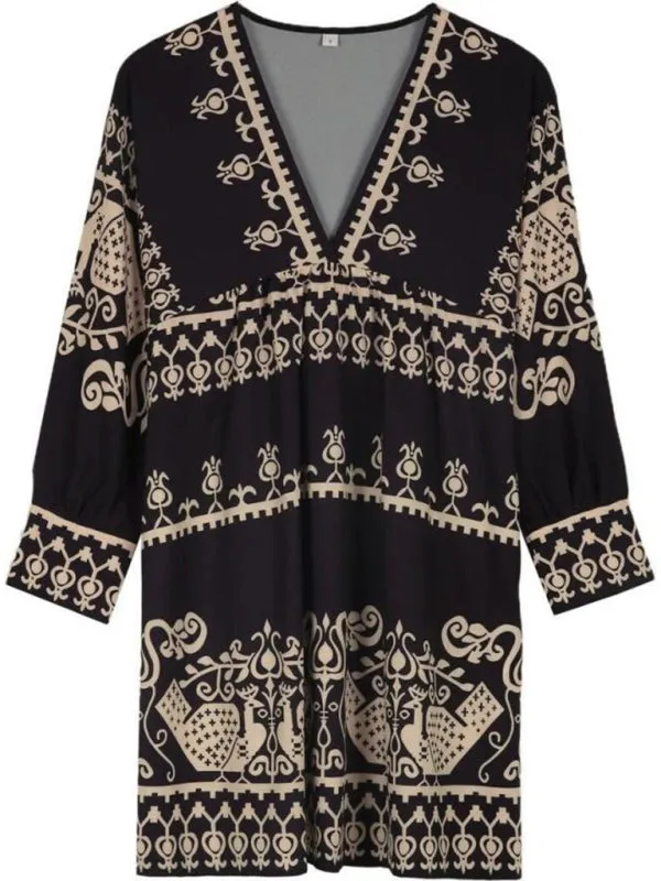 Women's Printed Three-quarter-sleeve Fit And Flare V-nack Dress