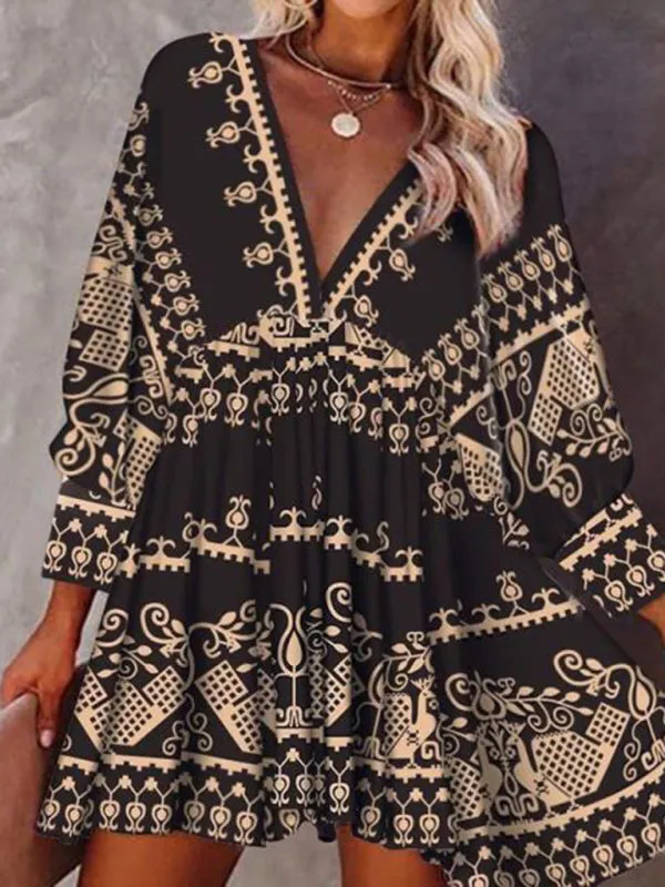 Women's Printed Three-quarter-sleeve Fit And Flare V-nack Dress