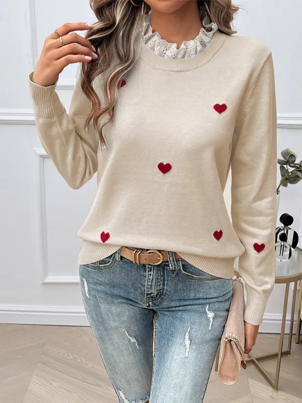 Women's Temperament Casual Embroidered Love Heart Long Sleeve Sweater