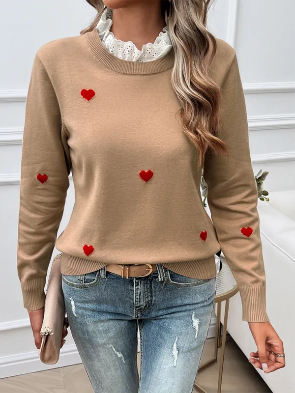 Women's Temperament Casual Embroidered Love Heart Long Sleeve Sweater